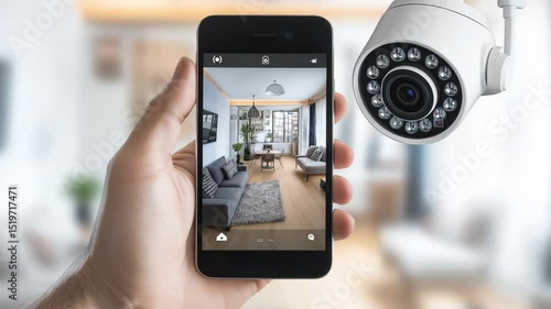 A person monitors their home security camera through a mobile device while standing in a contemporary living room with a cozy atmosphere