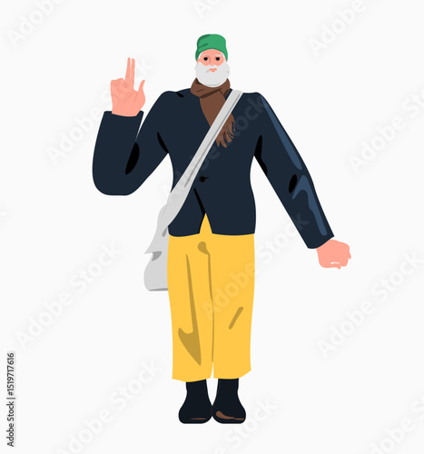 Elderly man standing. Old man elderly, wrinkled elderly male character, smiling, showing gesture. Flat vector illustration, isolated on white background.