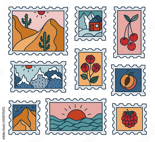 Lovely bright doodle set of postage stamp with picturesque scenery, roses, peach, cherry. Trendy travelling postmark with desert in moonlight, home in snowy mountains, sunrise over the ocean.
