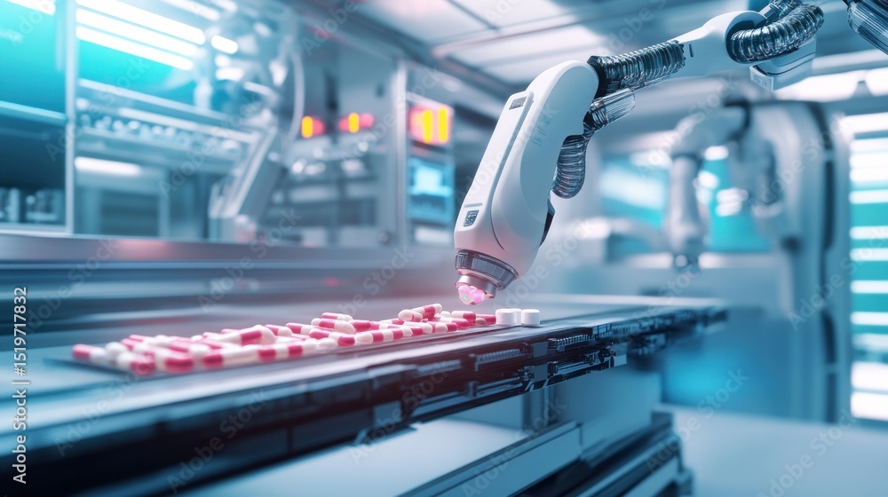 Fototapeta premium Robotic arm inspecting pills on a conveyor belt in a futuristic pharmaceutical facility.