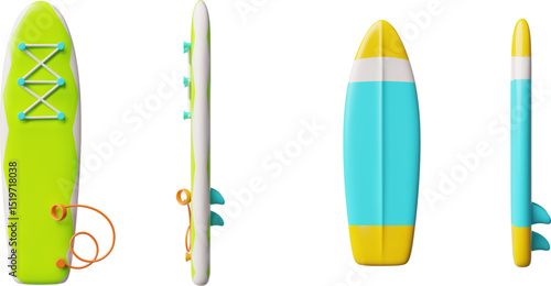 Surfboard and SUP board 3D cartoon vector set, realistic windsurfing boards for active sport on water, sports equipment