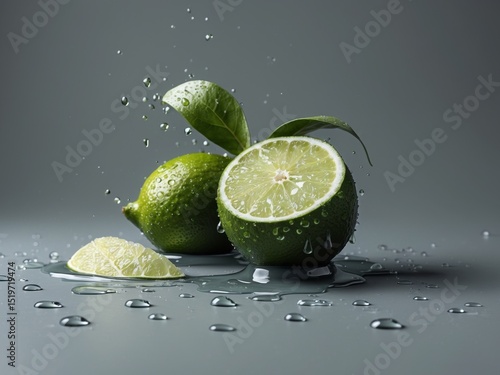 Fresh Green Limes with Water Droplets on a Gray Surface, Refreshing and Vibrant.
