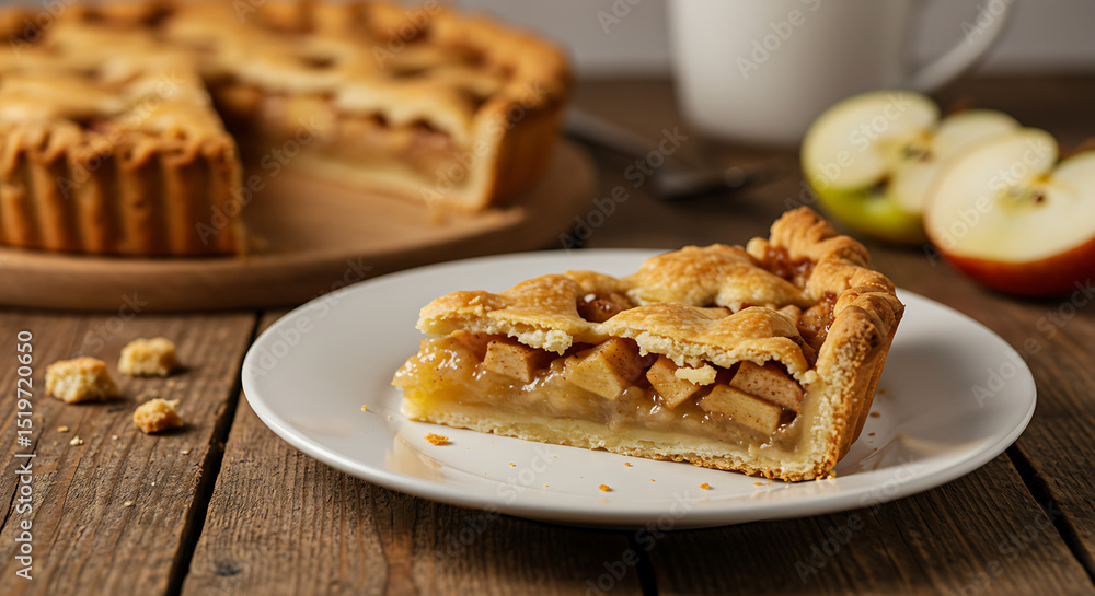 A slice of classic apple pie with golden crust and cinnamon filling, served on a white ceramic plate , set on a rustic wooden surface with warm lighting, crumbs and apple slices nearby A slice of classic apple pie with golden crust and cinnamon filling, served on a white ceramic plate , set on a rustic wooden surface with warm lighting, crumbs and apple slices nearby