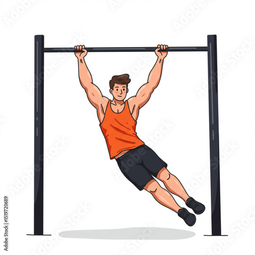 Young sportsman balancing in human flag calisthenics move on bar, colorful vector cartoon illustration