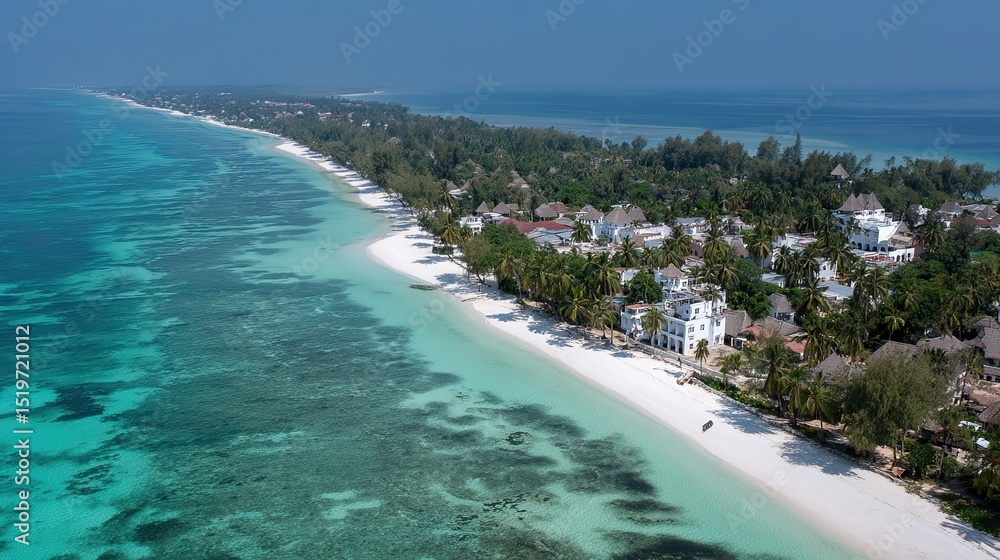 Fototapeta premium Turquoise waves meet white sand under sunlight, a serene tropical coastline blending sea and sky.
