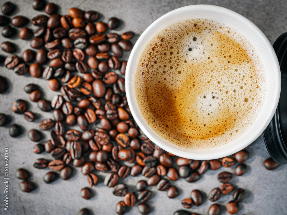 Coffee crema espresso in paper Coffee cup and bean on gray background, Top view of Espresso in Takeaway paper coffee cup. Coffee crema espresso in paper Coffee cup and bean on gray background, Top view of Espresso in Takeaway paper coffee cup.