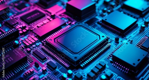 Wallpaper Mural Illuminated Circuit Board. Closeup View of Electronic Components and Microchips. Torontodigital.ca