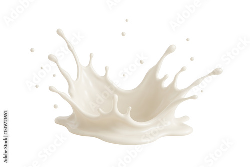 A splash of milk is shown in white on a white background. The splash is large and has a lot of detail, making it look like a real splash of milk. The image has a playful and whimsical mood