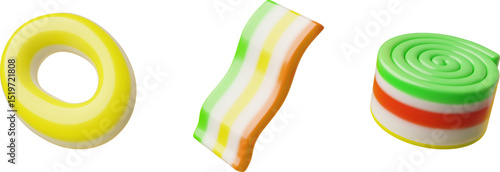 3D Set of Gummy Jelly Candies, Chewable Yellow Ring and Striped Rainbow Ribbon.