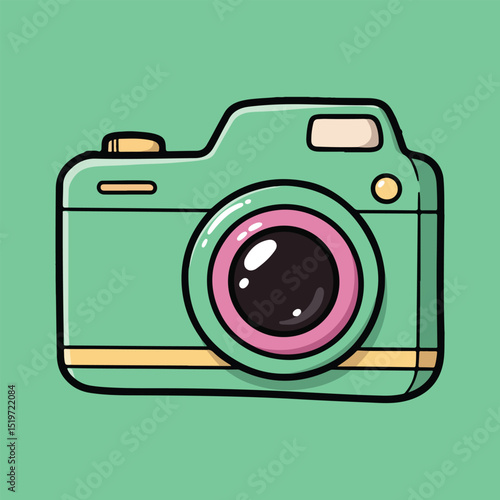 Whimsical cartoon camera vector illustration in bright colors, fun tech gadget with exaggerated details