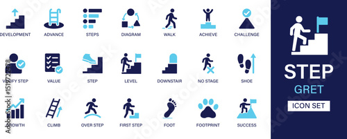 Step icon set collection. Development, advance, steps, diagram, walk, achieve, challenge, value, level, downstairs, shoe, growth and best solid icon set.