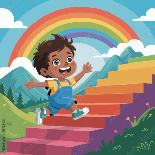 Happy child climbing rainbow stairs to mountain