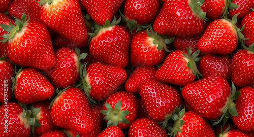 A vibrant heap of ripe strawberries, showcasing their bright red color and green leaves, Generative AI.