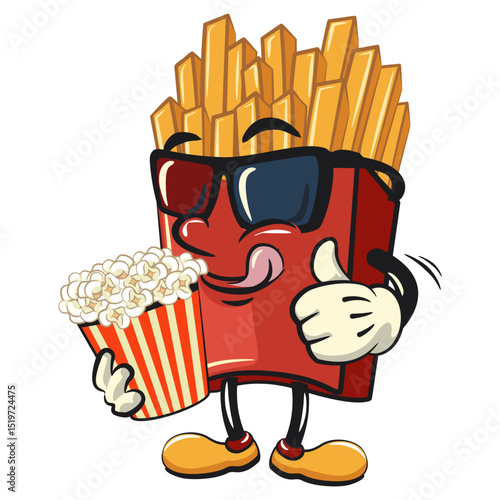 funny french fries cartoon mascot with a bucket of popcorn with wearing 3d glasses, fast food vector character isolated on white, work of hand drawn