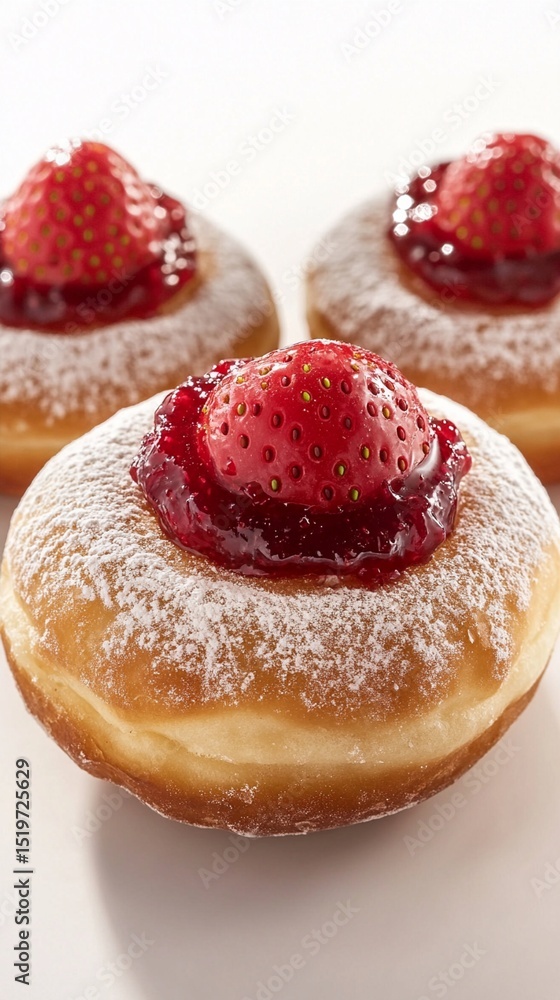 Delicious strawberry-topped donuts with a sweet glaze and powdered sugar create an irresistible treat, perfect for dessert lovers seeking a delightful indulgence. Delicious strawberry-topped donuts with a sweet glaze and powdered sugar create an irresistible treat, perfect for dessert lovers seeking a delightful indulgence.
