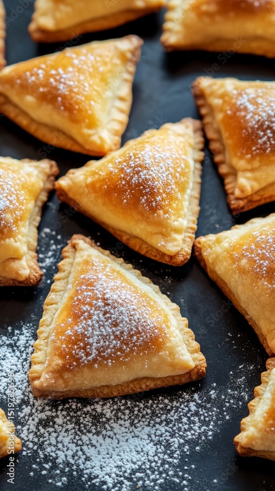 Flaky golden pastries dusted with powdered sugar, these delightful triangular treats are perfect for any gathering or special occasion, adding a touch of sweetness to your menu. Flaky golden pastries dusted with powdered sugar, these delightful triangular treats are perfect for any gathering or special occasion, adding a touch of sweetness to your menu.