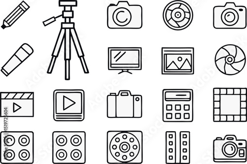 Collection of doodle style photography and video creation equipment icons