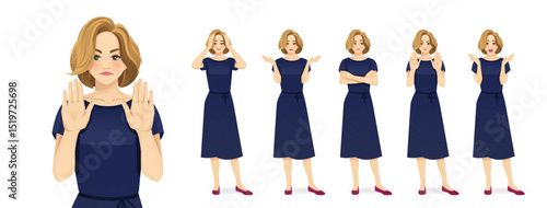 Beautiful business young blond woman in different poses. Negative emotions set. Isolated vector illustration