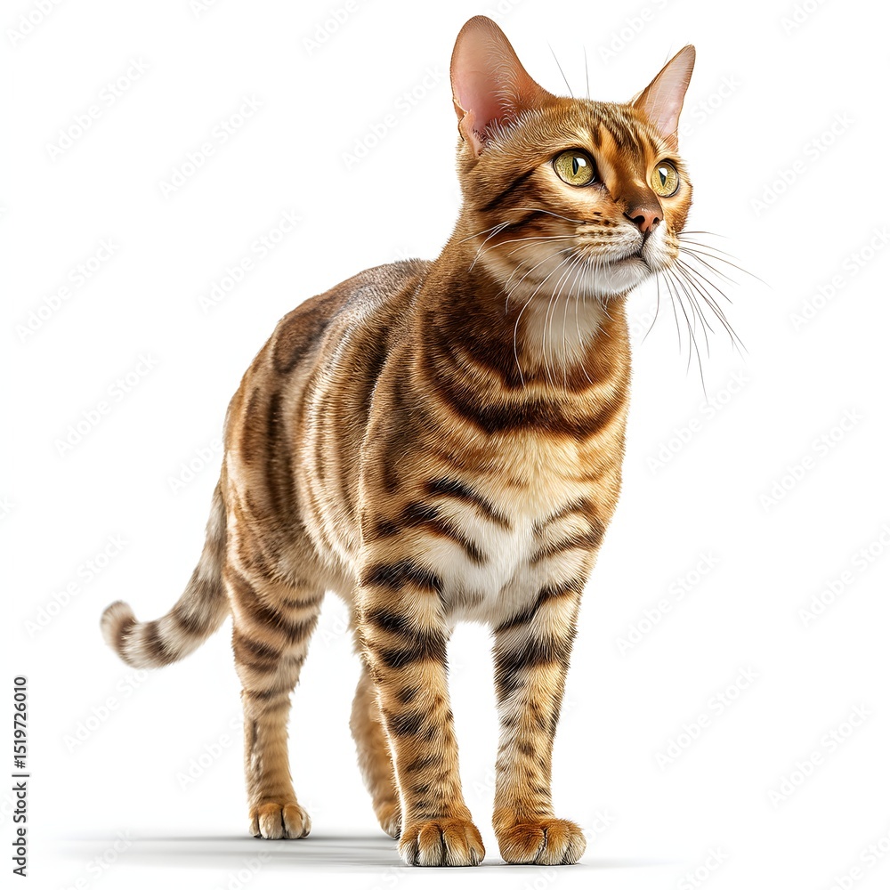 Realistic photograph of a beautiful Bengal cat standing alert with its distinctive rosette patterns and bright eyes against a clean, isolated white background now. Realistic photograph of a beautiful Bengal cat standing alert with its distinctive rosette patterns and bright eyes against a clean, isolated white background now.
