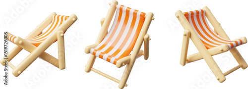 Wooden deck chair with striped fabric 3D vector icons set, cartoon beach chaise longue for summer relaxing sunbathing