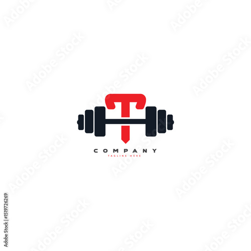  Letter T Fitness Gym equipment logo concept. Dumbble, bumble, kettlebell concept. Fitness, health, body builder logo design template.