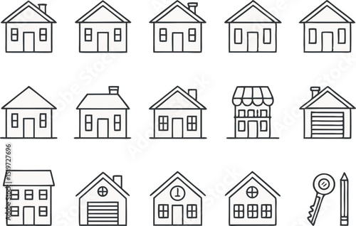 Collection of hand-drawn simple house icons for real estate or architectural concepts