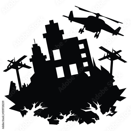 Post-Apocalyptic Cityscape Helicopter Silhouette