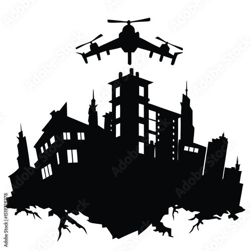 Urban Warfare Helicopters and Cityscape Silhouette
