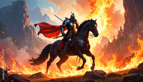 a dramatic scene of a knight riding a black horse in front of a fiery backdrop. the knight, clad in armor with red accents, is holding a banner and wielding a sword