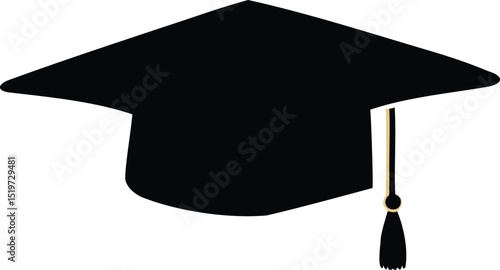 Vector black silhouette of a traditional graduation cap or mortarboard with tassel perfect for education, graduation ceremony, academic success, student achievement, and commencement design themes