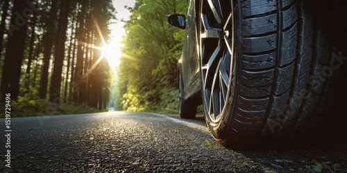 Fototapeta Naklejka Na Ścianę i Meble -  A stunning image of summer-ready tires on sunny forest asphalt road.