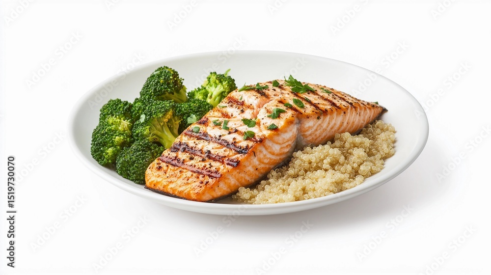 grilled salmon with quinoa and broccoli on white plate grilled salmon with quinoa and broccoli on white plate