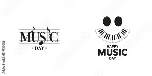 Happy Music Day Logo Design Musical Notes, Piano Keys, and Treble Clef for Celebration and Events