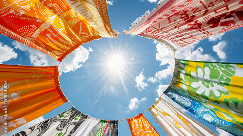A row of colorful clothes hanging on a clothesline on a sunny day. The clothes are of different colors and patterns, and they are drying in the sun. Concept of warmth and relaxation