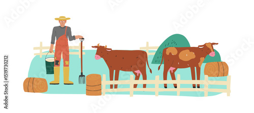 Flat style vector illustration of a farmer with cows and milk containers. Great for agriculture topics, educational content, and rural lifestyle visuals