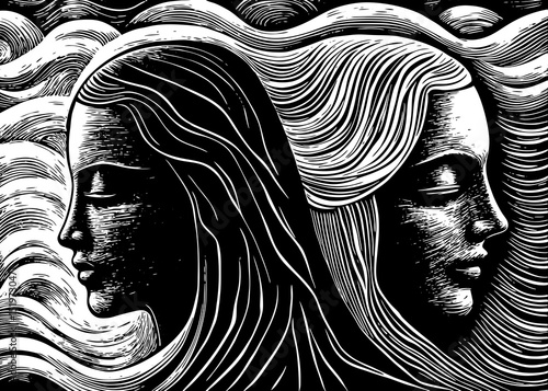 A black and white sketch vector of abstract faces and line art women in minimal surrealist style, popular in modern wall art
