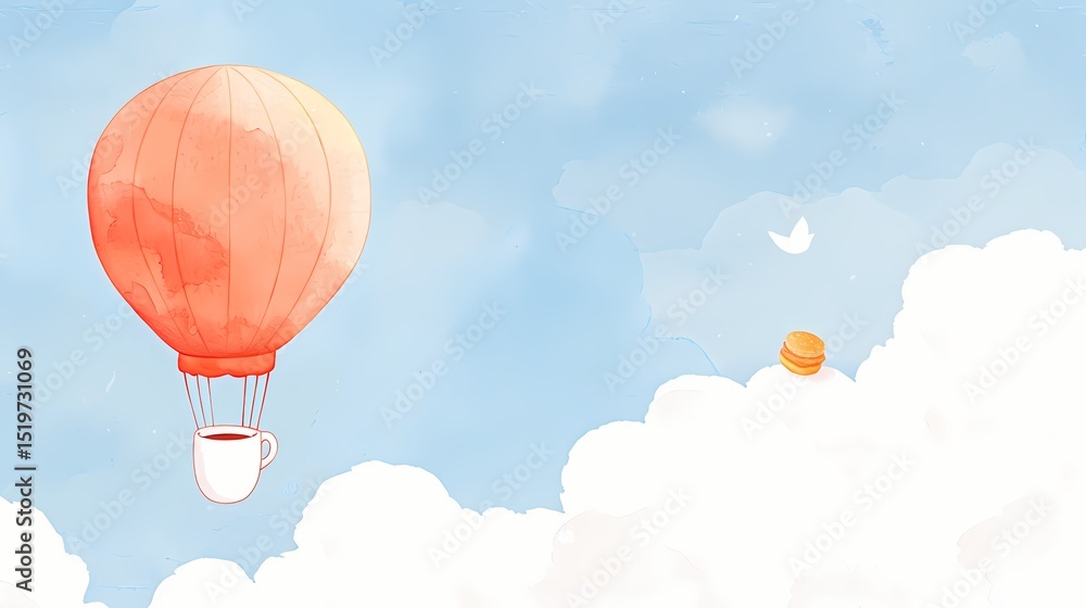 Fototapeta premium Whimsical watercolor illustration of a coffee cup hot air balloon floating in a dreamy sky. Perfect for cafe menus, coffee brands, or travel themes.