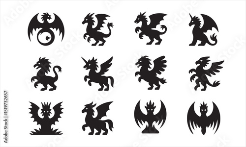 a set of 9 different fantasy creatures, likely dragons or griffins, in simple black silhouette form against a plain white background.