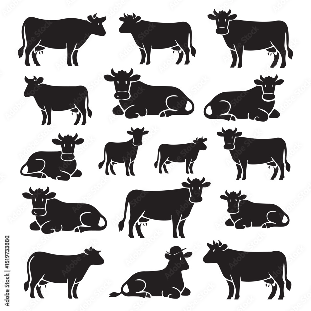 A diverse vector collection of farm animal silhouettes including cow, horse, goat, dog, pig, sheep, chicken, cat, bull, and duck illustrations A diverse vector collection of farm animal silhouettes including cow, horse, goat, dog, pig, sheep, chicken, cat, bull, and duck illustrations