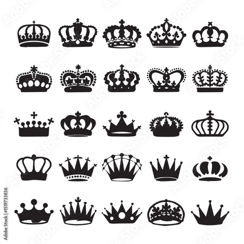Vintage vector crown icons set: a royal collection of imperial king and queen symbols, perfect for heraldic design elements, badges, and labels