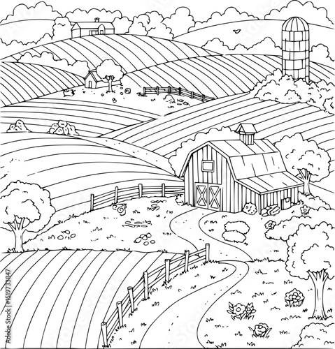 A sketched vector illustration of a rural landscape with an old farm house and trees, perfect for designs depicting nature and the countryside