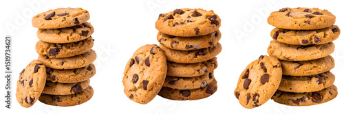 Stacks of chocolate chip cookies isolated on transparent background, delicious treat