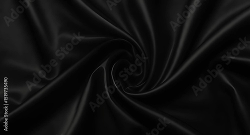 Black satin fabric featuring a swirl pattern, highlighted by soft curves and folds on a deep black backdrop, Generative AI.