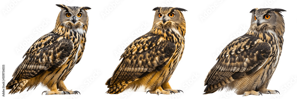 Obraz premium Three eurasian eagle owls isolated on transparent background, majestic birds