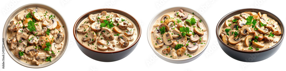 Creamy mushroom stroganoff in bowls garnished with parsley and chives, isolated on transparency background, photorealistic food Creamy mushroom stroganoff in bowls garnished with parsley and chives, isolated on transparency background, photorealistic food