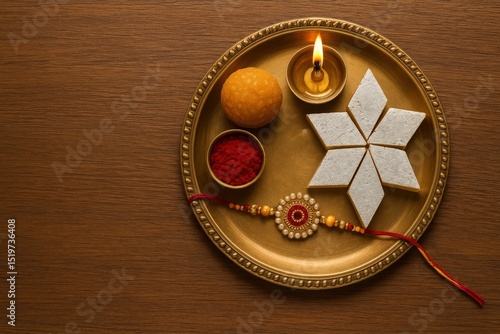 traditional rakhi thali mockup Includes diya, sweets, rakhi bracelet, and small bowl of kumkum