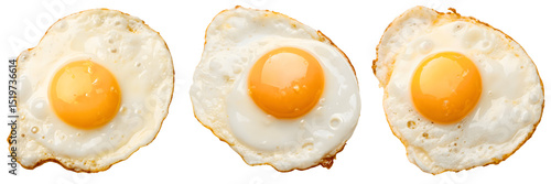 Three fried eggs isolated on transparent background, sunny side up, close up view