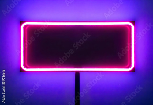 Illuminated neon sign with a blank rectangular surface against a purple wall for copy space