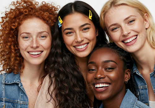 Four girls girlfriends of different races  together. Feminism concept