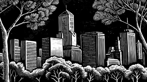 Detailed sketch vector of cityscape skyline with buildings and trees, black and white ink drawing, minimal but intricate